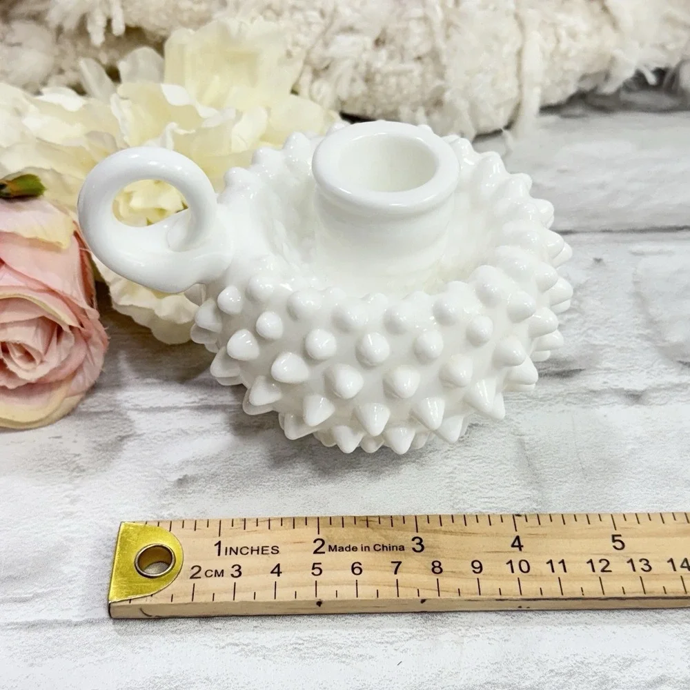 Vtg Fenton Hobnail White Milk Glass Single Finger Loop Handle Candle‎ Holder Set